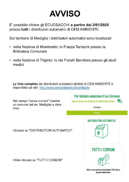 Avviso - disponibilità dal 2 Gennaio 2025 di prelievo Ecuosacco presso i distributori automatici Avviso - disponibilità dal 2 Gennaio 2025 di prelievo Ecuosacco presso i distributori automatici