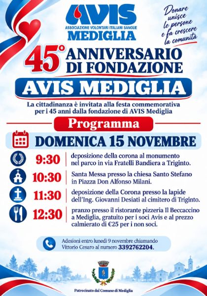 🩸 AVIS Mediglia: 45° anniversario di fondazione